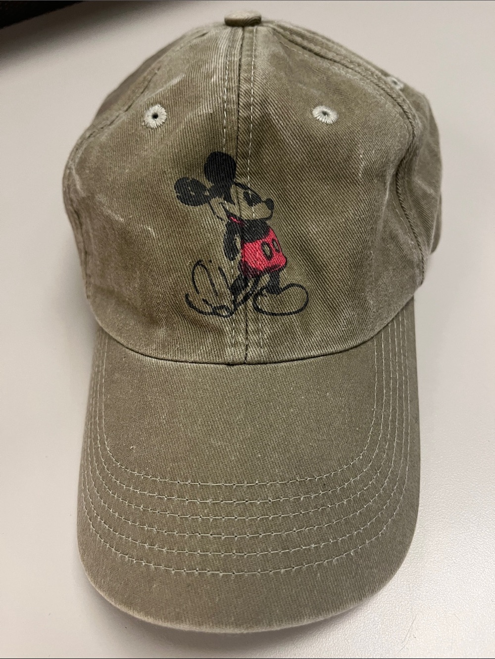 Disney Olive Green Mickey Mouse Baseball Cap with Red Detail